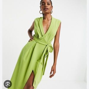 ASOS Design Tall collar wrap skater midi dress with belt in Olive, size 10 Tall